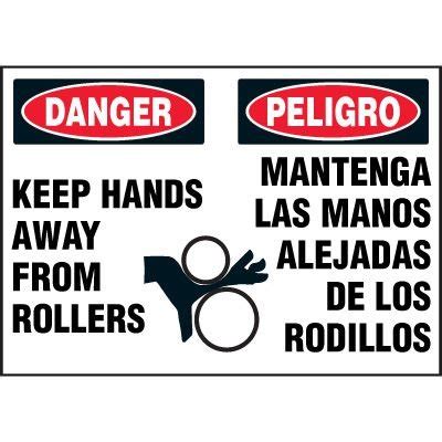 Bilingual Hazard Labels Danger Keep Hands Away From Rollers Emedco