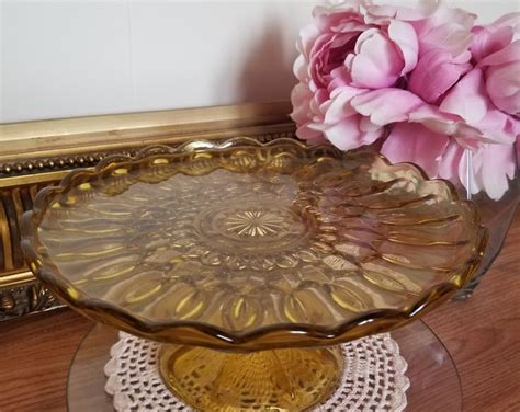 Vintage Amber Glass Pedestal Cake Stand Anchor Hoskins Fairfield Pattern Pressed Glass Cake