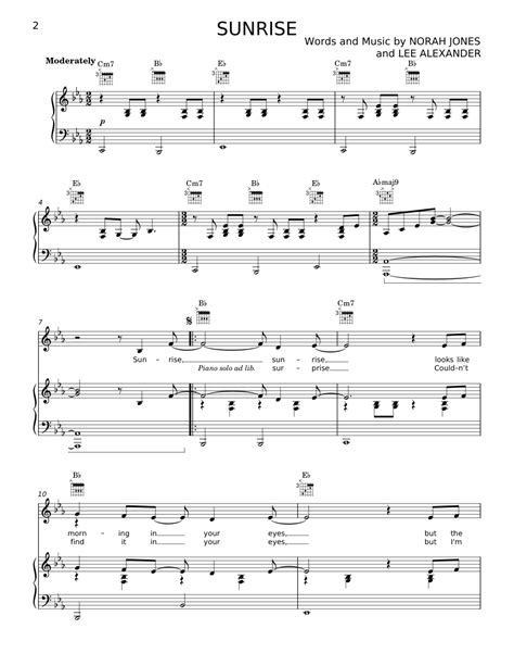 Sunrise Norah Jones Sheet Music For Piano Vocals Piano Voice