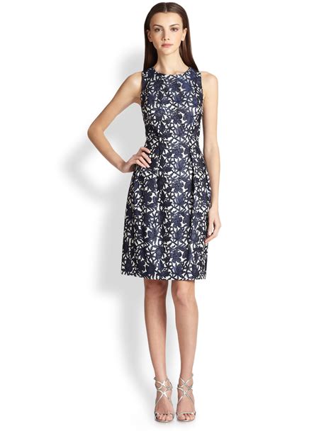 Kay Unger Floral Openback Jacquard Dress In Blue Navy White Lyst