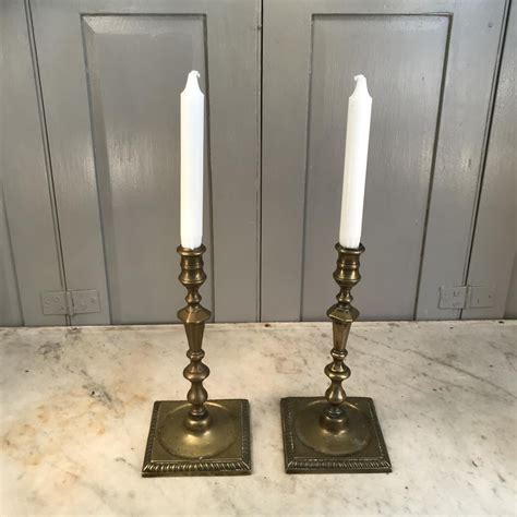 Pair Antique Georgian Brass Square Base Candlesticks Etsy Candlesticks Candle Sconces Antiques