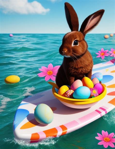 A Brown Rabbit Sitting On Top Of A Surfboard In The Ocean Next To Eggs