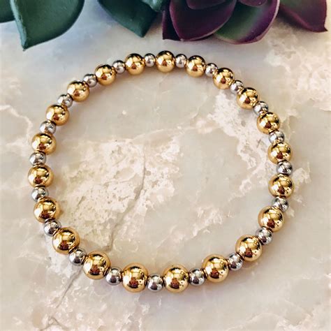 Two Tone Beaded Bracelets Gold And Silver Bead Bracelets Etsy