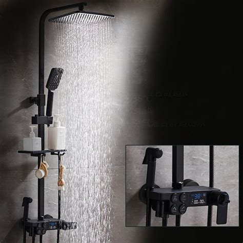 LED Digital Display Hot And Cold Shower Set Bathroom Wall Mounted Black Thermostatic Faucet SPA