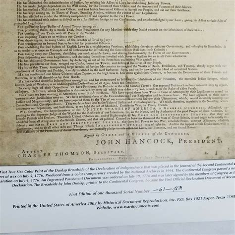 Dunlap Broadside Of The Declaration Of Independence Reproduction Color