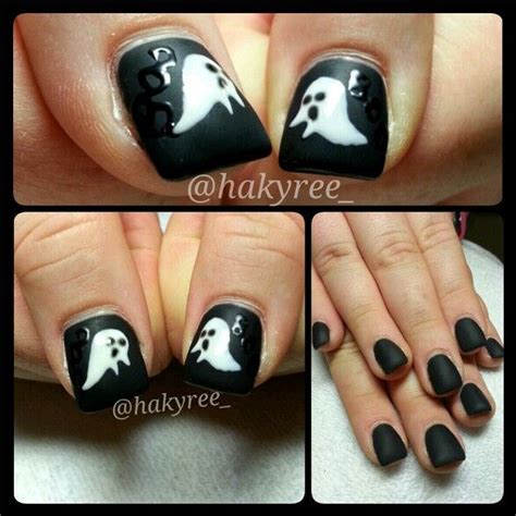 Matte Black Gel Nails With Hand Painted Ghosts And Gloss Boo Follow Me