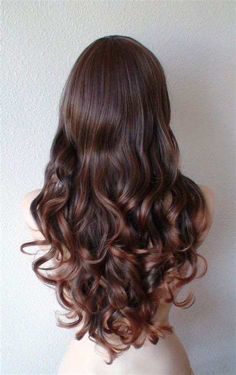 Brown Ombre Wig Brownauburn Long Wavy Hair Side Bangs Wig Etsy 長髪スタイル ヘアスタイリング ロングパーマヘア