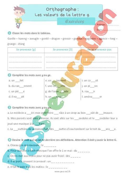 Les Valeurs De La Lettre G Exercices Dorthographe Pour Le Ce Pdf