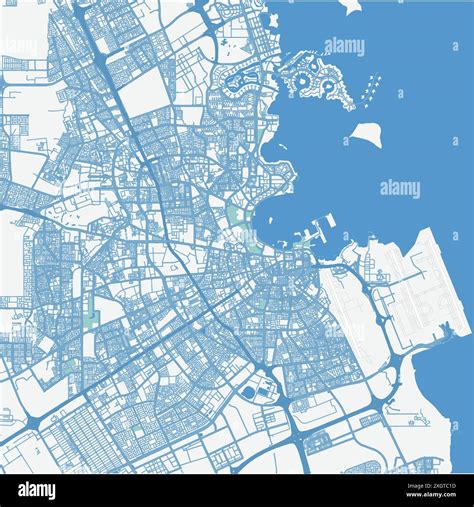 Map Of Doha In Qatar In Blue Contains Layered Vector With Roads Water