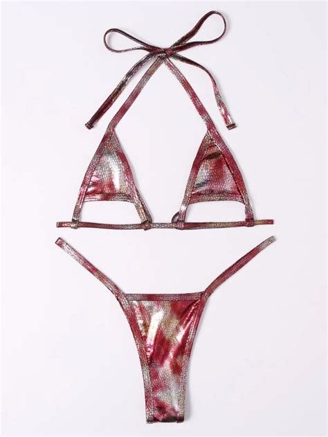 Snakeskin Cut Out Micro Triangle Thong Bikini Swimsuit SHEIN UK