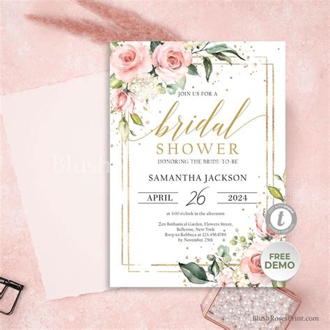 Boho Bridal Shower Invitation Template Blush And Gold Bridal Shower