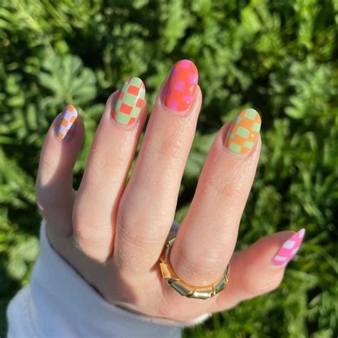 The Coolest Checkered Nail Art Designs Mint Pink And Orange