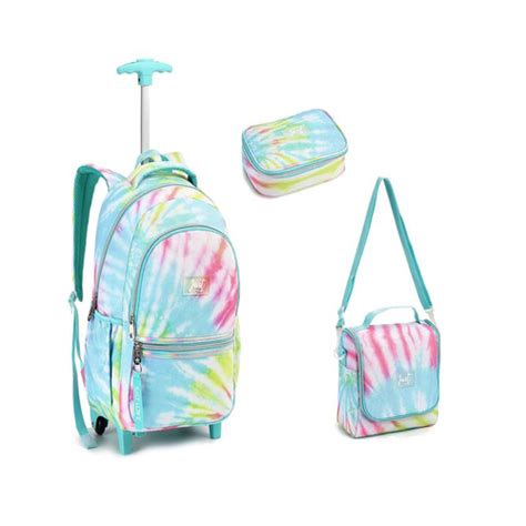 Kit Mochila Rodinha Juvenil Lancheira Térmica Estojo Escolar Tie Dye