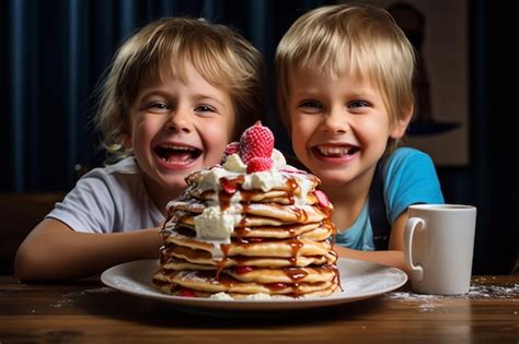 Kids Enjoying Pancakes with Colorful Toppings | Premium AI-generated image