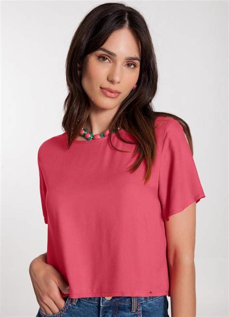 Blusa Cropped Em Viscose Manga Curta Rosa Lunender Feminino