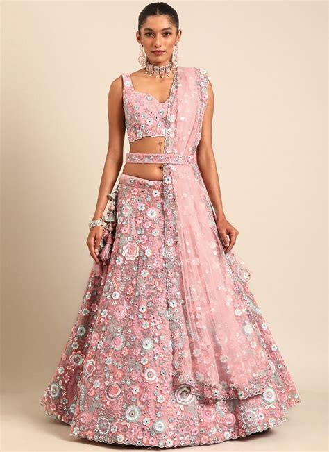 Shop Floral Embroidered Sequins Pink Net Umbrella Lehenga Party Wear