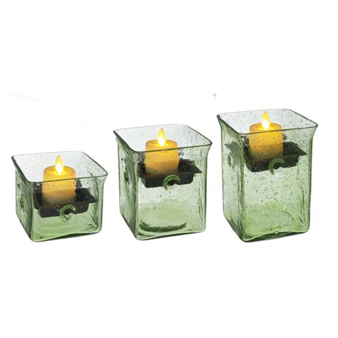 Wholesale Square Green Bubble Glass Tealight Holder 3 Pc Set Ganz