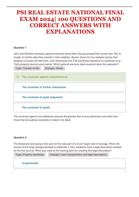 Psi Real Estate National Final Exam 2024 100 Questions And Correct Answers With Explanations