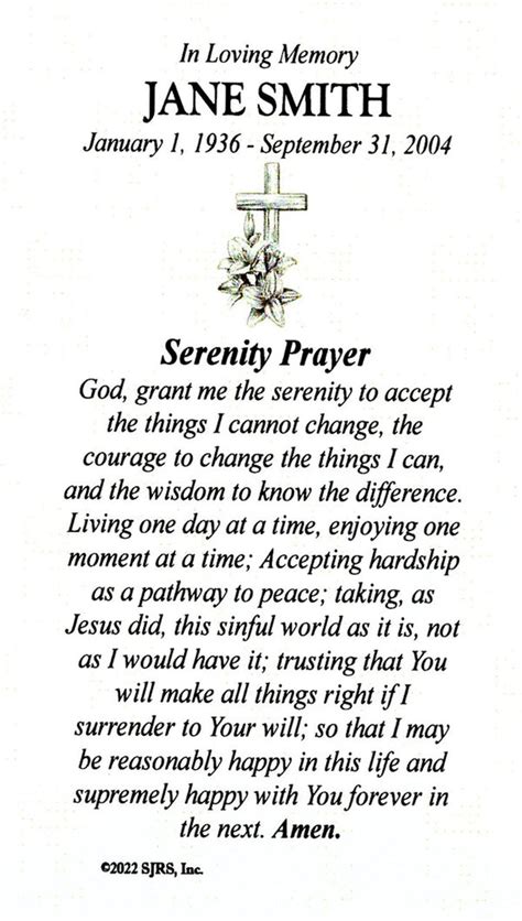 Serenity Prayer Funeral Memorial Laminated Prayer Cards Pack Of 60 Catholic Pictures