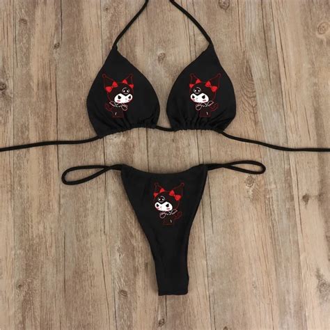 Kuromi Bikini Kts Sanrioed Bra Set Cartoon Underwear Halter Back Tie Up Side Strappy Swimwear