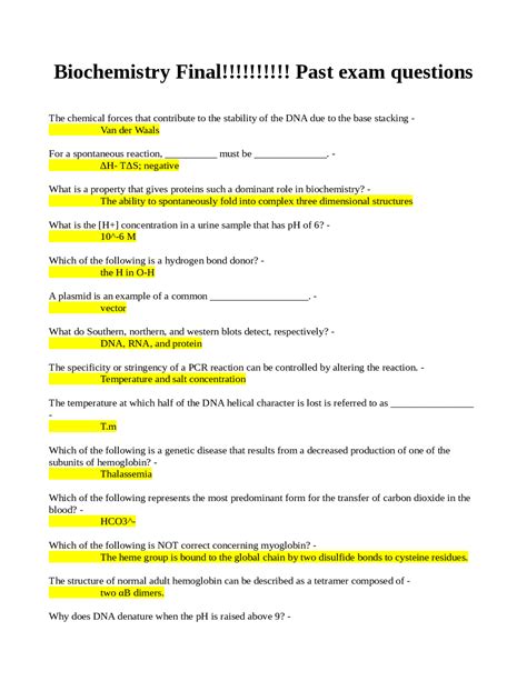 Biochemistry Final Past Exam Questions Exams Biochemistry