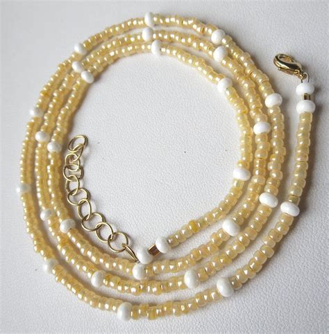 Soft Yellow Seed Bead Necklace With Pearly White Stations Choose Length Three Necklaces Cool