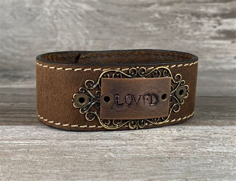 Hand Stamped Leather Cuff Bracelet Loved Word Cuff Etsy Stamped