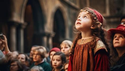 Premium Photo | A little girl looks up at the crowds in the style of ...