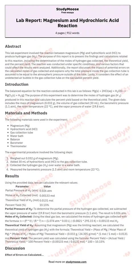 Lab Report Magnesium And Hydrochloric Acid Reaction Studymoose