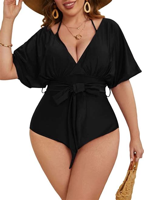 Makemechic Women S Plus Size Bathing Suit Floral Lace Up Ruffle Sleeve