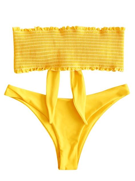 Zaful Frilled Knot Smocked Bikini Set Bee Yellow Jet Gray Low Waist