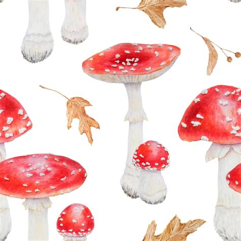 Premium Photo Watercolor Seamless Pattern Of Red Fly Agaric Mushrooms