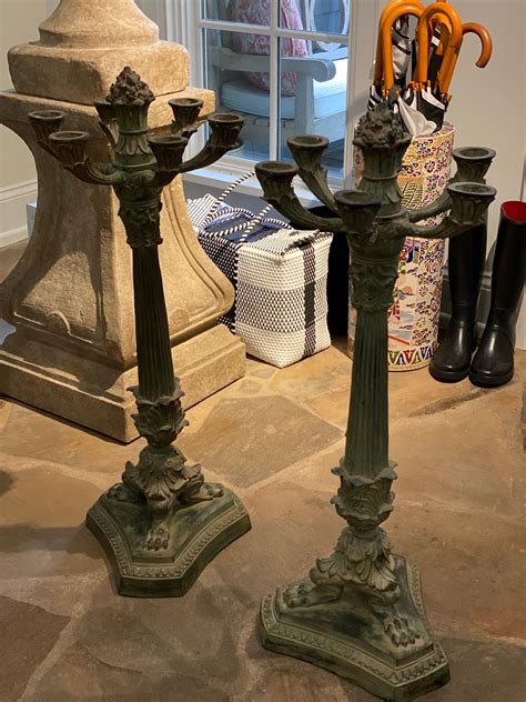 Pair Of 6 Arm French Empire Neoclassical Style Iron Verdigris Table