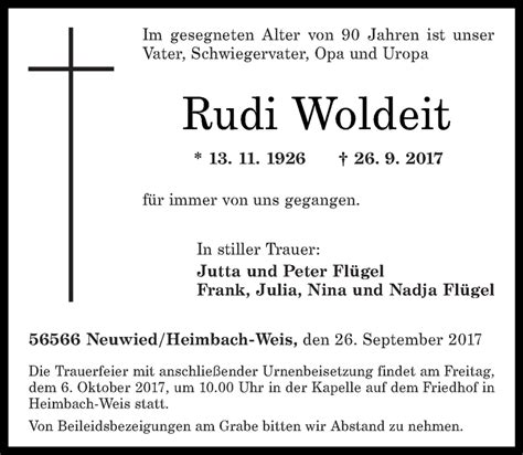 Traueranzeigen Von Rudi Woldeit Rz Trauer De