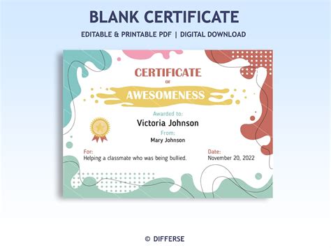 Blank Certificate for Kids Certificate Template Certificate of Awesomeness Certificate of ...