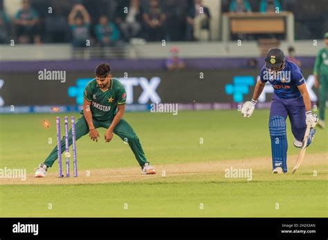 Haris Rauf Of Pakistan In Green Watches The Bails Fly As Mohammed