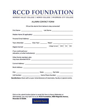 Fillable Online Rccd Fill Out The Alumni Form Below To Stay Connected