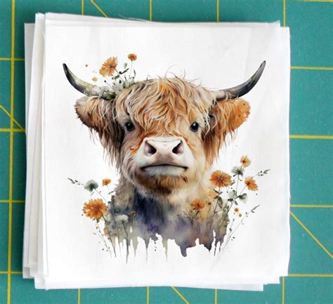 Handmade Supplies Sewing And Fiber Fabric Highland Cow Fabric Panel Quilt Block For