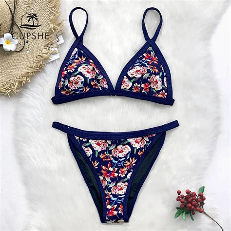 CUPSHE Navy Floral Triangle Bikini Sets Women Sexy Thong Two Pieces