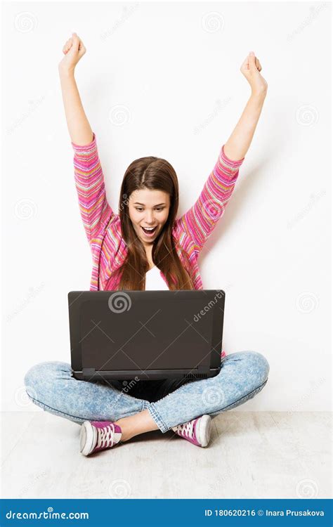 Excited Woman And Laptop Raise Arms Happy Girl Have Success In