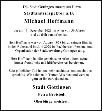 Traueranzeigen Von Michael Hoffmann Trauer Anzeigen De