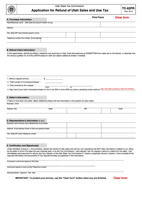 Fillable Form Tc 62pr Application For Refund Of Utah Sales And Use