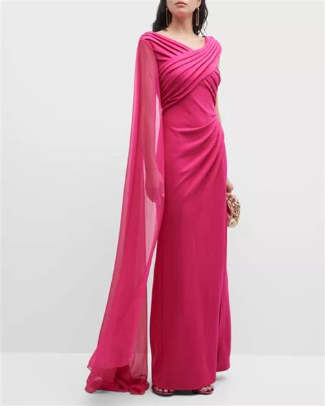 Tadashi Shoji Pleated Crepe Chiffon Cape Gown Stylemi