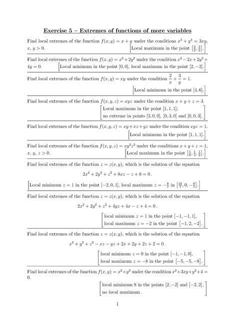 Final Exam Exercise 5 Exercise 5 Extremes Of Functions Of More