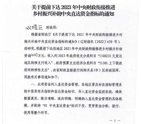 关于提前下达2023年中央财政衔接推进乡村振兴补助中央直达资金指标的通知 财政扶贫资金 朝阳市双塔区人民政府