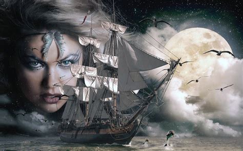 Wallpaper Clouds Moon Sea Witch Face Ship Dolphin Birds