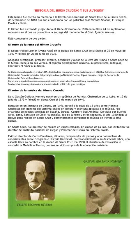 Historia Del Himno De Santa Cruz Y Sus Autores Historia Del Himno