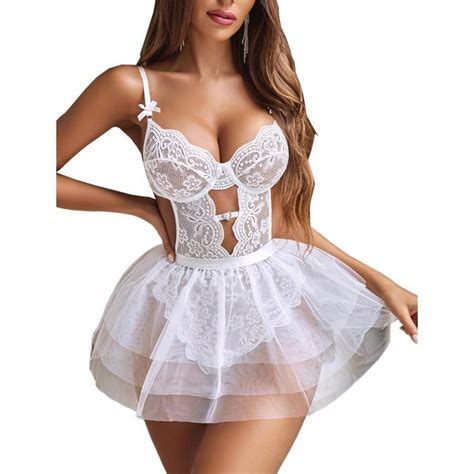Avidlove Lingerie For Women Lace Bodysuit With Detachable Mesh Mini Skirt Push Up Teddy Lingerie