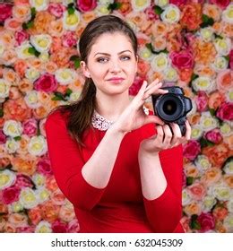 Happy Brunette Photographer Woman Sexy Red Stock Photo Shutterstock
