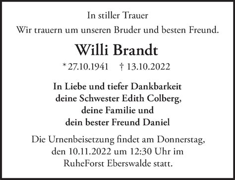 Traueranzeigen von Willi Brandt Märkische Onlinezeitung Trauerportal